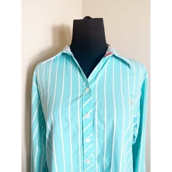 Vintage 1990s LILLY PULITZER Women Shirt 16 Button Up Long Sleeve Teal Stripe - Picture 2 of 6